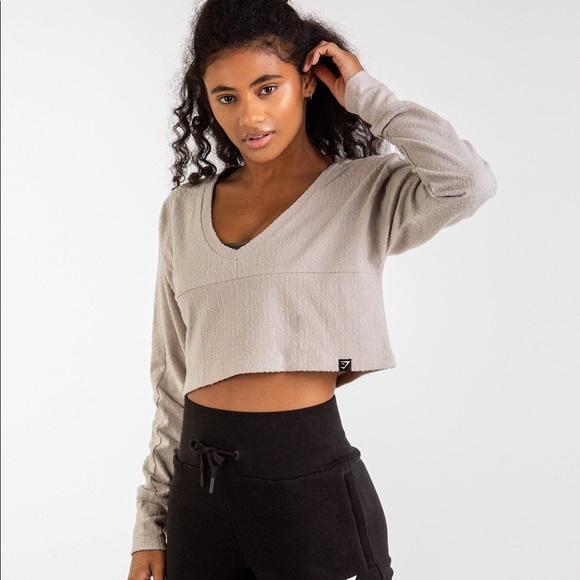 Gymshark Beige Towel Cropped Long Sleeve Shirt - Picture 3 of 6